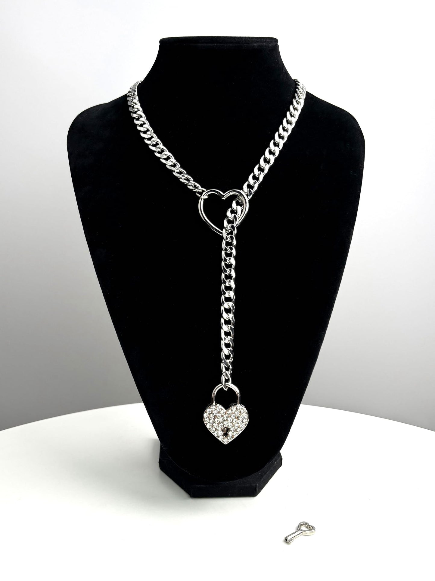 Crystal Heart Lock & Key O-ring Slip Chain