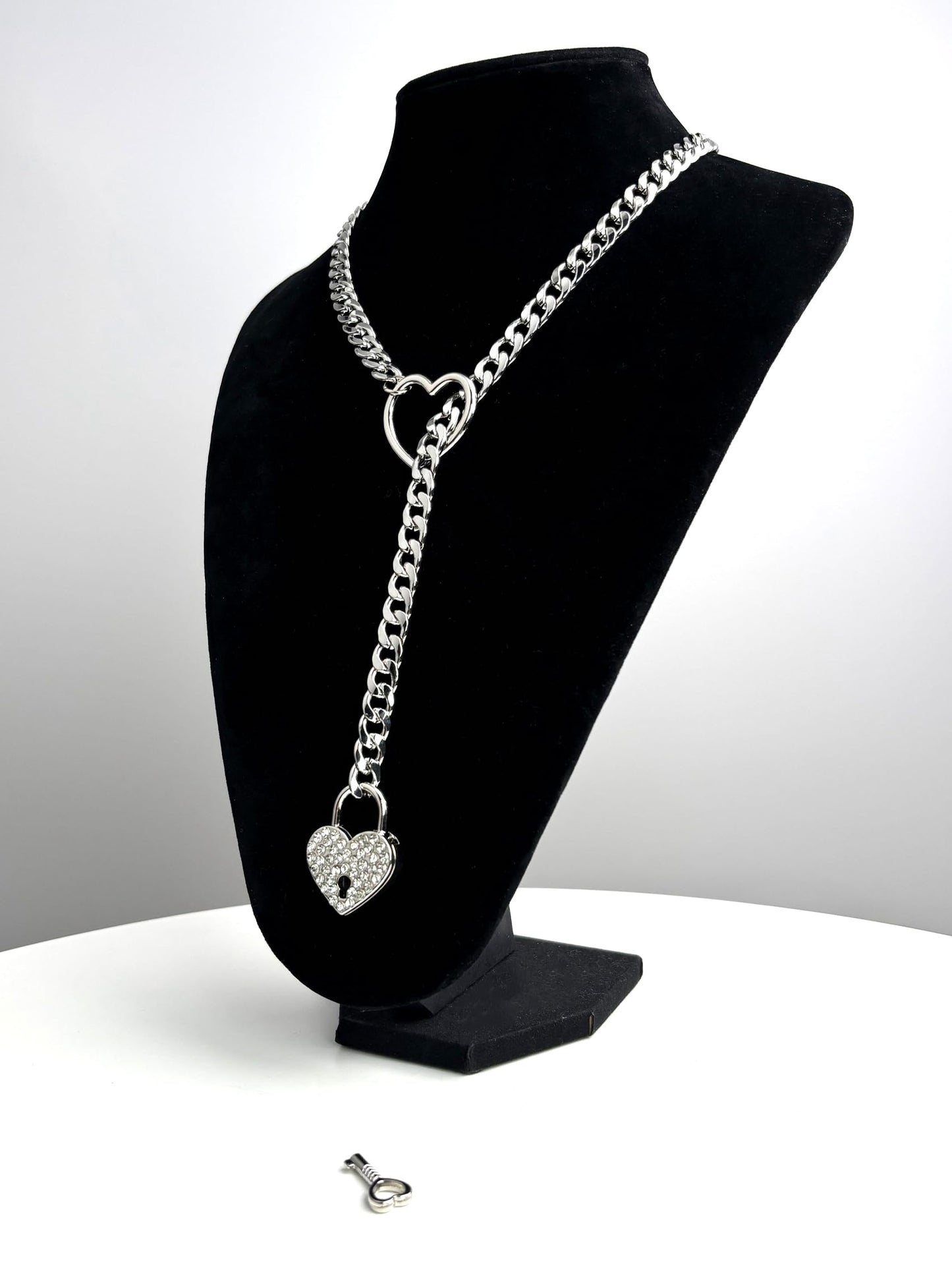 Crystal Heart Lock & Key O-ring Slip Chain