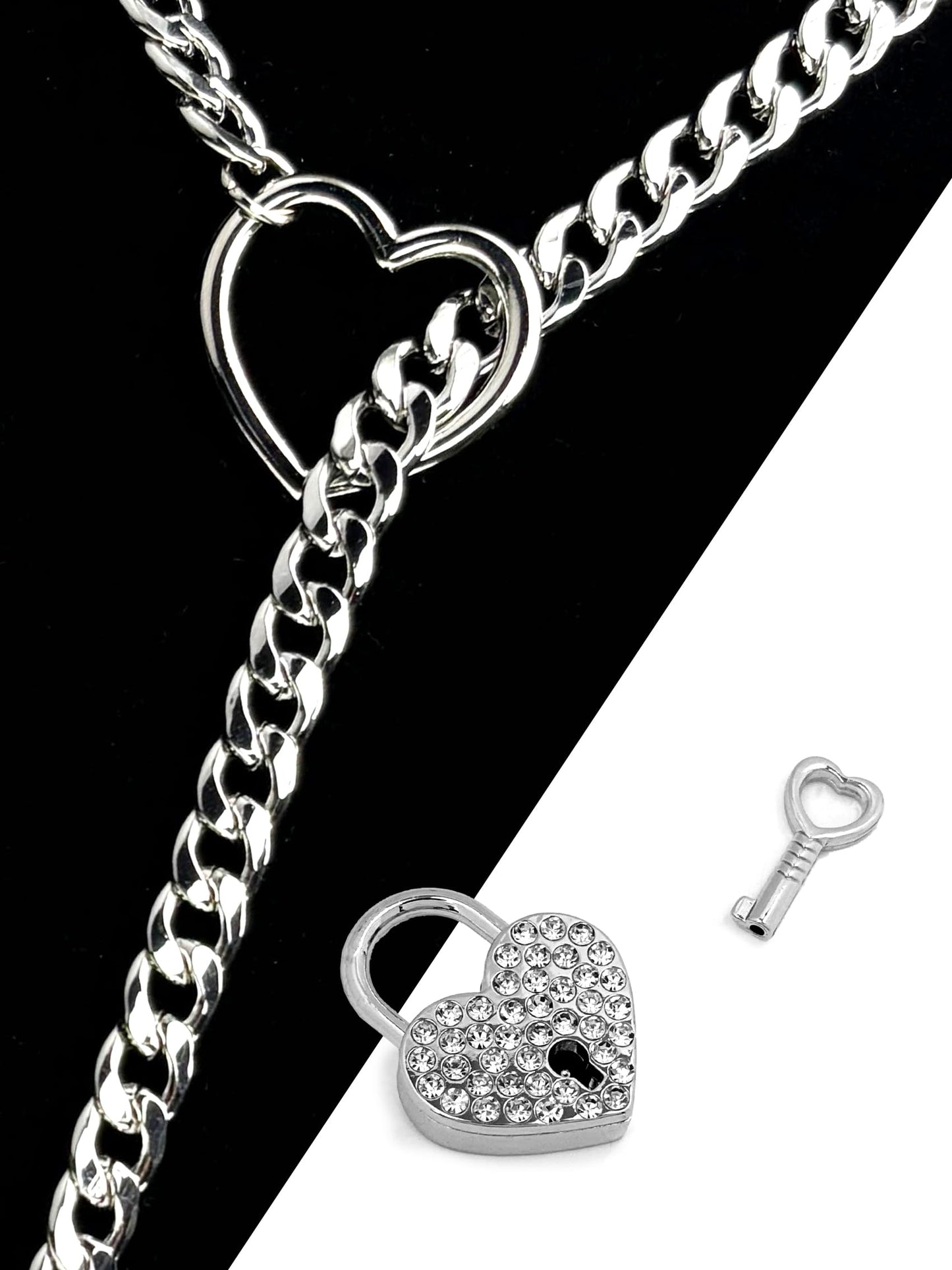 Crystal Heart Lock & Key O-ring Slip Chain