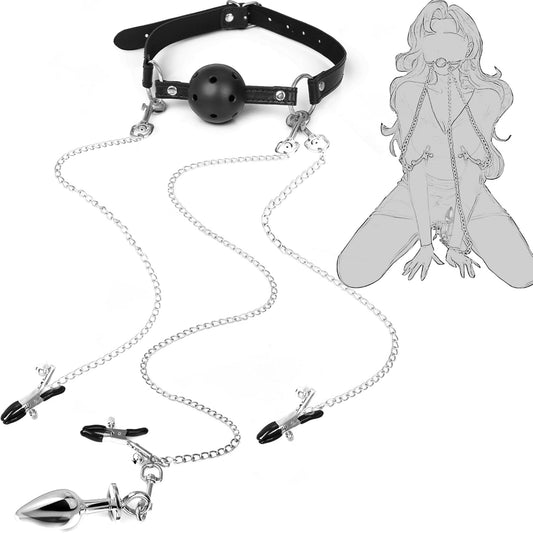 BDSM Bondaged Restraints Ball Gag Nipple Clitoris Clamp Anal Plug Set