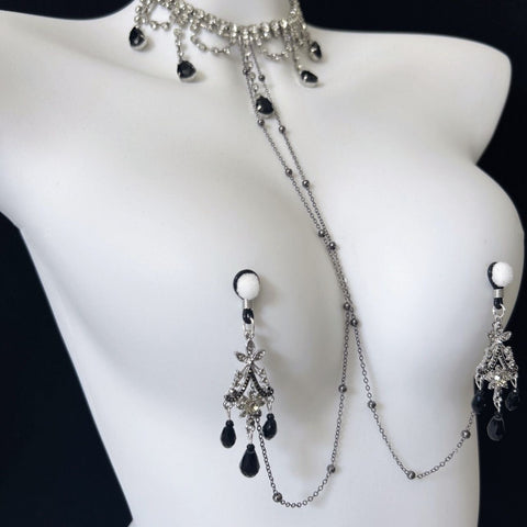 Exquisite Black Gem Diamond Choker with Nipple Clamps