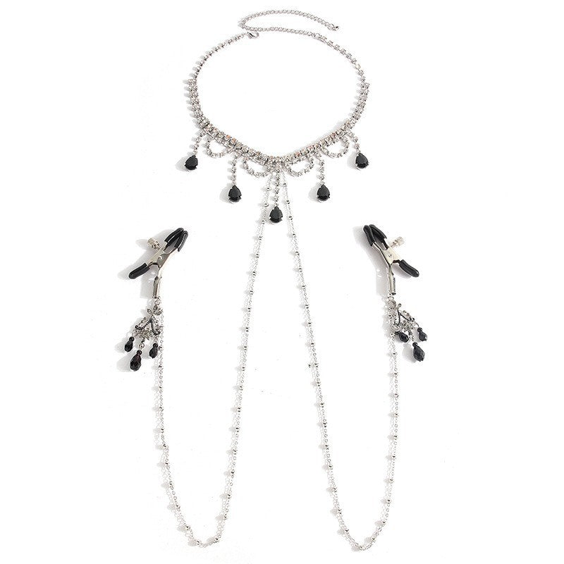 Exquisite Black Gem Diamond Choker with Nipple Clamps